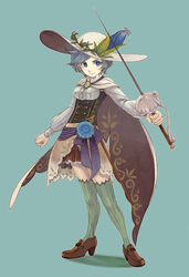  absurdres blue_background blue_eyes blue_hair bright_pupils brown_footwear cane cape commentary_request earl_grey_tea female flower full_body green_thighhighs hat hat_flower highres looking_at_viewer omotichan original personification pocketland rapier shoes short_hair solo standing sword thighhighs weapon 