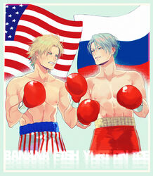  2boys abs american_flag ash_lynx banana_fish blonde_hair blue_eyes boxing_gloves clenched_teeth copyright_name crossover flag green_eyes highres male_focus multiple_boys nipples rocky_iv russian_flag shirtless silver_hair teeth throttlee toned toned_male viktor_nikiforov yuri!!!_on_ice 