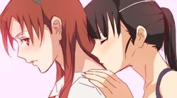  2girls bad_id bad_pixiv_id black_hair blush brown_eyes eyepatch kisetsu kissing_back long_hair minna-dietlinde_wilcke multiple_girls ponytail red_hair sakamoto_mio strike_witches swimsuit world_witches_series yuri 