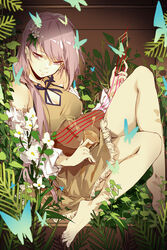  absurdres bad_id bad_pixiv_id bare_legs bare_shoulders barefoot black_ribbon breasts brown_dress bug butterfly chinese_commentary cleavage cleavage_cutout closed_mouth clothing_cutout commentary detached_sleeves dress female flower hair_flower hair_ornament highres instrument kagari6496 knee_up large_breasts long_hair long_sleeves looking_at_viewer music musical_note nail_polish neck_ribbon photoshop_(medium) plant playing_instrument purple_eyes purple_hair purple_nails ribbon sitting smile solo toenail_polish toenails touhou tsukumo_benben white_flower 