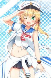  ;d alternate_costume anchor_hair_ornament bad_id bad_twitter_id blonde_hair blue_eyes blush clothes_around_waist commentary_request female flag_print german_flag hair_ornament hat jacket jacket_around_waist kantai_collection long_hair looking_at_viewer one_eye_closed open_mouth print_ornament prinz_eugen_(kancolle) sasahara_wakaba school_uniform serafuku smile solo sweatband twintails twitter_username 