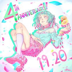  anniversary aqua_hair bead_bracelet beads blue_eyes bracelet character_name clothes_writing commentary crop_top dated doughnut female food hand_on_own_stomach hand_up jewelry knees_up legs limited_palette long_hair looking_at_viewer nanasaki_nicole necklace ponytail reclining shoes signature skirt sneakers socks solo star_(symbol) star_necklace tokyo_7th_sisters tongue tongue_out yakimi_27 