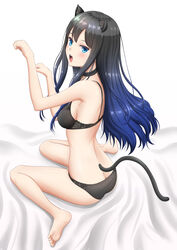  absurdres animal_ears ass bandana barefoot bell black_bra black_choker black_hair black_panties blue_eyes blush bra breasts butt_crack cat_ears cat_tail choker commentary female from_behind highres hoshikawa_shiori kayama_kouji kemonomimi_mode lace lace-trimmed_bra lace-trimmed_panties lace_trim leg_up lips long_hair looking_at_viewer looking_back medium_breasts neck_bell open_mouth original panties paw_pose sitting solo tail underwear underwear_only wariza white_bandana 