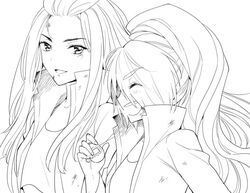  2girls azuki_(aduki) bad_id bad_twitter_id bousouzoku closed_eyes delinquent greyscale high_collar kirishima_reiko_(zombie_land_saga) long_hair monochrome multiple_girls nikaidou_saki open_mouth scrape tamagotchi tamagotchi_(virtual_pet) tokkoufuku zombie_land_saga 