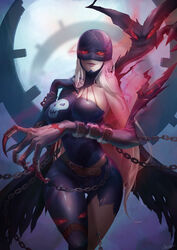  absurdres bare_shoulders blonde_hair breasts chains collarbone commentary curvy digimon digimon_(creature) elbow_gloves fangs female gloves glowing glowing_eyes highres johnson_zhuang ladydevimon large_breasts lips long_hair looking_at_viewer moon photoshop_(medium) red_eyes sideboob skull smile solo thigh_gap thighs wide_hips 