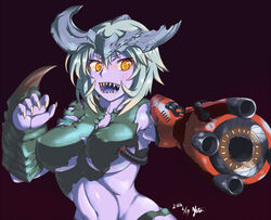  arm_cannon breasts broken_horn claws colored_skin commentary_request cyberdemon cyborg dated demon_girl demon_horns doom_(2016) doom_(series) female fingernails genderswap_(mtf) glowing glowing_eyes green_hair horns large_breasts midriff navel nishiumi_yuuta personification purple_background purple_skin rule_63 sharp_fingernails sharp_teeth short_hair solo teeth torn_clothes underboob weapon yellow_eyes 