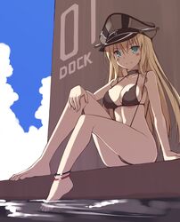  anklet barefoot bismarck_(kancolle) black_slingshot_swimsuit blonde_hair blue_eyes blush breasts choker commentary_request feet female flag_print hand_on_own_knee hat highres imperial_german_flag jewelry kantai_collection large_breasts long_hair long_legs medium_breasts ohta_yuichi peaked_cap print_ornament sitting slingshot_swimsuit smile soaking_feet solo swimsuit toes water 