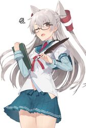  amatsukaze_(kancolle) brown_eyes clipboard commentary_request cosplay female glasses grey_hair hair_ribbon hair_tubes hayashi_kewi hip_vent kantai_collection long_hair looking_at_viewer navel one_eye_closed ooyodo_(kancolle) ooyodo_(kancolle)_(cosplay) open_mouth pleated_skirt quill ribbon school_uniform semi-rimless_eyewear serafuku simple_background skirt solo tress_ribbon two_side_up white_background 