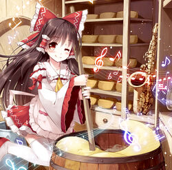  ;q album_cover apron ascot barrel beamed_eighth_notes beamed_sixteenth_notes beamed_thirty-second_notes blush bow brown_hair cheese cheese_wheel commentary_request cover detached_sleeves dotted_quarter_note eighth_note female flat_sign food hair_tubes hairbow hakurei_reimu half_note indoors instrument knees_together_feet_apart licking_lips long_hair looking_at_viewer miyase_mahiro musical_note one_eye_closed photoshop_(medium) quarter_rest red_bow red_eyes ribbon-trimmed_sleeves ribbon_trim saxophone sharp_sign shelf sixteenth_note sixteenth_rest smile solo staff_(music) stirring thighhighs thirty-second_note tongue tongue_out touhou treble_clef 