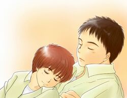  1boy aimigogo black_hair closed_eyes commentary_request crossed_arms female izumi_noa kidou_keisatsu_patlabor profile red_hair shinohara_asuma short_hair sleeping smile 