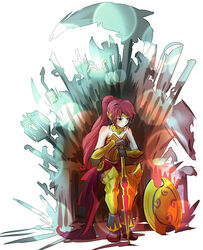  a_song_of_ice_and_fire armor armored_boots axe bare_shoulders black_gloves blush boots breastplate breasts cleavage closed_mouth commentary crescent_rose female forehead_protector frown game_of_thrones gloves gorget green_eyes halberd high_ponytail holding holding_sword holding_weapon iesupa iron_throne long_hair looking_away magnhild medium_breasts milo_and_akouo multiple_weapons myrtenaster planted planted_sword polearm pyrrha_nikos red_hair ruyi_bang_and_jingu_bang rwby sash scythe shield sitting solo strapless sword vambraces weapon white_background 