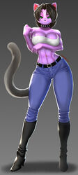  2019 absurd_res anthro belt big_breasts black_nose boots breasts cleavage clothed clothing collar digital_media_(artwork) domestic_cat eyebrows felid feline felis female footwear fur green_eyes hair hi_res high_heeled_boots high_heels lanie_bannister_(lildredre) long_legs looking_at_viewer mammal midriff navel navel_piercing navel_rim nipple_outline nipple_piercing nipples pakwan008 piercing purple_body purple_fur raised_eyebrow simple_background small_waist smile smirk solo spiked_collar spikes topwear tube_top 