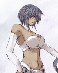  alternate_hairstyle arshes_nei ayase_(hyoukyou) bastard!! blue_hair bra breasts commentary_request dark-skinned_female dark_skin detached_collar detached_sleeves female large_breasts lowres midriff navel pointy_ears solo strapless strapless_bra underwear white_bra 