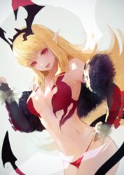  bare_shoulders bikini blonde_hair breasts commentary_request demon_tail elbow_gloves female gloves head_wings large_breasts long_hair lord_of_vermilion lord_of_vermilion_iii milia_(lord_of_vermilion) navel nido_celisius pointy_ears red_eyes solo swimsuit tail wings 