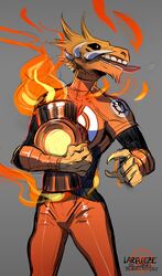  2018 alien anthro bodily_fluids claws clothing dc_comics dot_eyes drooling fire fur furikake gesture green_lantern_(series) grey_background hand_gesture holding_object larfleeze male orange_body orange_fur orange_lantern pointing saliva simple_background solo standing suit tongue tongue_out tusks 