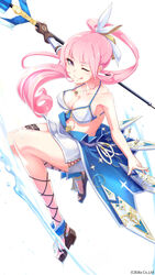  :q bad_id bad_pixiv_id bare_shoulders bra breasts brown_gloves cleavage copyright_request female fingerless_gloves gloves highres holding jewelry leg_belt long_hair looking_at_viewer loup necklace official_art one_eye_closed pink_eyes pink_hair ponytail sandals simple_background single_glove smile solo staff tongue tongue_out underwear watermark white_background white_bra 