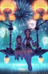  2girls aerial_fireworks animal_ears arm_around_shoulder artist_name bare_legs bomb_(final_fantasy) cat_ears chains company_name copyright_name dated final_fantasy final_fantasy_xiv fireworks foot_dangle hand_on_another&#039;s_shoulder hands_on_lap height_difference japanese_clothes kimono knees_together_feet_apart lalafell legs_together long_sleeves looking_at_viewer masao_tsubasa matching_outfits miqo&#039;te multiple_girls night night_sky obi obijime official_art open_mouth petite print_kimono sandals sash short_hair short_kimono side-by-side sitting sky smile twintails watermark wide_sleeves yukata 