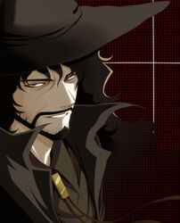  1boy black_eyes black_hair commentary cowboy_bebop cowboy_bebop:_knockin&#039;_on_heaven&#039;s_door english_commentary facial_hair male_focus moustache upper_body vincent_volaju violetshit 