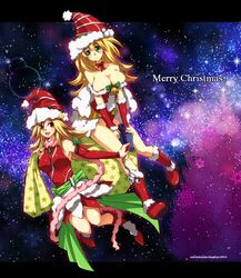  2girls :d blonde_hair blush breasts cellphone cleavage commentary_request dark_magician_girl duel_monster gagaga_girl gift green_eyes happy hat large_breasts long_hair mugicha_(sukimachaya) multiple_girls open_mouth phone red_eyes santa_costume santa_hat smile yu-gi-oh! yu-gi-oh!_zexal 