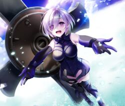  armor bare_shoulders blush breasts commentary_request eyes_visible_through_hair fate/grand_order fate_(series) female gloves hair_over_one_eye highres large_breasts light_purple_hair looking_at_viewer lord_camelot_(fate) mash_kyrielight open_mouth purple_eyes purple_gloves round_teeth shield short_hair sleeveless smile solo standing teeth wingtemple 