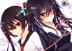  2girls black_hair bloodcatblack blush original red_eyes seifuku twintails 