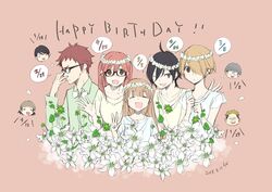  4girls 5boys :d adjusting_eyewear ahoge birthday black_eyes black_hair blonde_hair bow bowtie character_request chibi collared_shirt commentary_request dated dress_shirt english_text everyone flower glasses green_shirt hair_over_one_eye head_wreath kicchan_(tanakeda) long_hair long_sleeves looking_at_viewer loose_clothes loose_shirt medium_hair miyano_(tanakeda) multiple_boys multiple_girls one_eye_closed oota_saya open_mouth orange_hair patting_back petals pink_background red_hair shimura_(tanakeda) shiraishi_(tanakeda) shirt short_hair short_sleeves simple_background smile tanaka-kun_wa_itsumo_kedaruge uda_nozomi v waving white_shirt yellow_eyes 