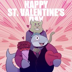  2025 anthro bouquet box box_of_chocolates candy chocolate closed_eyes clothing container dessert digital_media_(artwork) domestic_cat duo felid feline felis fish floating_heart flower flower_bouquet food front_view fur green_body green_fur green_hair grey_body hair happy heart_symbol hi_res holding_box holding_container holding_flower holding_object holidays hug hugging_another hugging_from_behind i_love_you isaac_(t0l0k) male mammal marine necktie plant shark shark_tail shirt smile t0l0k ted_(t0l0k) topwear valentine&#039;s_day vest whiskers 