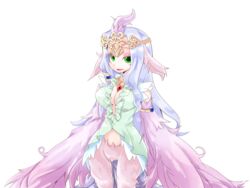  animal_ears armlet bird_ears bird_legs bird_tail bmp-to-png_conversion breasts cleavage crown dress eyeshadow feathered_wings feathers female frfr game_cg green_dress green_eyes half-closed_eyes harpy large_breasts long_hair looking_at_viewer lucretia_(mon-musu_quest!) makeup mon-musu_quest! monster_girl non-web_source official_art pink_eyeshadow pink_feathers pink_wings purple_feathers purple_hair single_hair_tube solo tail transparent_background very_long_hair winged_arms wings 