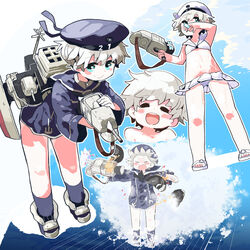  =_= adapted_turret armored_boots bikini bikini_skirt blue_eyes blue_headwear blue_sailor_collar blue_shirt blue_socks blush_stickers boots closed_mouth drinking female flat_chest floating_hair grey_hair gun hat highres holding holding_gun holding_turret holding_weapon kantai_collection leaning_forward long_sleeves meme mossgreen multiple_views no_pants open_mouth outstretched_arms rigging sailor_bikini sailor_collar sailor_hat shirt short_hair smile socks spread_arms swimsuit t-pose tupet turret v-shaped_eyebrows water waterskiing_(meme) weapon white_bikini white_sailor_collar z1_leberecht_maass_(kancolle) z1_leberecht_maass_(swimsuit_mode)_(kancolle) 