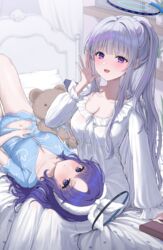  2girls absurdres bed bed_sheet blue_archive blue_pajamas blush breasts cleavage closed_mouth grey_hair halo highres indoors kuuhaku_(wutt5584) large_breasts long_hair long_sleeves looking_at_viewer mechanical_halo medium_breasts multiple_girls navel noa_(blue_archive) official_alternate_costume open_mouth pajamas pillow ponytail purple_eyes purple_hair short_sleeves smile stuffed_animal stuffed_toy teddy_bear white_pajamas yuuka_(blue_archive) 