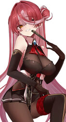  absurdres black_footwear black_gloves black_leotard black_pantyhose blush bodystocking boots breasts cleavage colored_inner_hair elbow_gloves female gloves hair_bun hair_over_one_eye heterochromia highres hololive houshou_marine houshou_marine_(marching_band) large_breasts leotard long_hair multicolored_hair official_alternate_costume pantyhose pink_hair red_eyes red_hair single_hair_bun smile solo streaked_hair thigh_boots virtual_youtuber yellow_eyes yuzuyukiha 