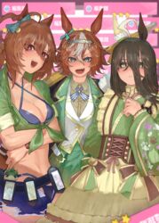  3girls absurdres agnes_tachyon_(lunatic_lab)_(umamusume) agnes_tachyon_(umamusume) ahoge animal_ears bamboo_memory_(umamusume) bikini black_bikini black_hair black_jacket blue_bow blue_eyes blush bow breasts brown_corset brown_hair cleavage closed_mouth commentary_request corset criss-cross_halter crossed_arms denim denim_shorts ear_bow ear_ornament gameplay_mechanics green_jacket green_kimono hachimaki hair_between_eyes halterneck headband highres horse_ears horse_girl horse_tail jacket japanese_clothes kii-kun_(agnes_tachyon)_(umamusume) kimono long_sleeves looking_at_viewer maid manhattan_cafe_(umamusume) manhattan_cafe_(verdant_night)_(umamusume) medium_breasts multicolored_hair multiple_girls official_alternate_costume official_alternate_hairstyle open_clothes open_fly open_mouth open_shorts pink_background red_eyes short_hair shorts simple_background sleeves_rolled_up smile streaked_hair swimsuit tail teeth tied_jacket tonariuta umamusume upper_teeth_only vest wa_maid white_hair wide_sleeves yellow_eyes 