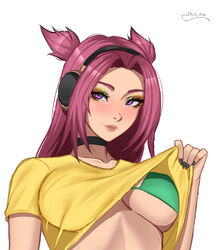  absurdres alune_(league_of_legends) bikini black_choker black_nails breasts choker closed_mouth clothes_lift eyeshadow female green_bikini headphones heartsteel_(league_of_legends) heartsteel_alune highres league_of_legends long_hair looking_at_viewer makeup multicolored_eyeshadow official_alternate_costume red_hair shio_aw shirt shirt_lift signature smile swimsuit 