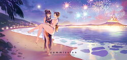  2girls aerial_fireworks alternate_costume bare_legs barefoot beach bikini black_hair breasts carrying castle china_dress chinese_clothes chun-li city_lights commission crossover disney double_bun dress english_text fireworks footprints full_moon hair_bun huge_breasts looking_at_another moon multiple_girls nail_polish night night_sky ocean outdoors palm_tree princess_carry red_eyes rock scenery sky smile spy_x_family star_(sky) street_fighter sumustard swimsuit thick_thighs thighs toenail_polish toenails tree twilight yor_briar yuri 