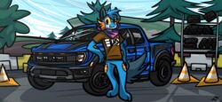  absurd_res amphibian anthro blue_body blue_fur blue_vehicle bottomless bottomless_male brown_clothing brown_shirt brown_topwear canid canine canis clothed clothing cones fin ford ford_f150 ford_raptor fur generation_3_pokemon head_tuft hi_res hybrid leaning_on_object light_truck male mammal motor_vehicle nintendo orange_body orange_eyes orange_gills orange_nose orange_scales pantsless persim_scarf pickup_truck pit_stop plant plateau pokemon pokemon_(species) quiflex race_track scales shirt smile smiling_at_viewer solo splatoon swampert tail tail_fin tire topwear tree truck_(vehicle) tuft vehicle wheel wolf xevy 