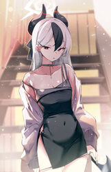  black_dress black_hair black_horns black_wings blue_archive blush breasts cleavage collarbone cowboy_shot ddolggol demon_horns demon_wings dress ear_piercing earrings female grey_hair grey_halo grey_jacket hair_between_eyes halo highres horns jacket jewelry kayoko_(blue_archive) kayoko_(dress)_(blue_archive) long_hair long_sleeves medium_breasts multicolored_hair navel official_alternate_costume open_clothes open_jacket parted_lips piercing red_eyes single_wing sleeveless sleeveless_dress solo wings 