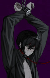  1boy akanei6no_sora arms_up black_hair black_shirt bound bound_wrists chains collar cuffs highres leash long_sleeves male_focus open_clothes open_shirt original pale_skin purple_background red_collar shackles shirt simple_background solo sweat upper_body 