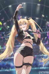  absurdres ahoge arm_up bikini bikini_top_only black_bikini black_choker black_jacket blonde_hair blue_eyes blush breasts choker clear_(djmax) cowboy_shot cropped_jacket djmax djmax_respect female fishnet_thighhighs fishnets hair_between_eyes hair_ornament highres holding holding_microphone idol jacket long_hair long_sleeves looking_at_viewer microphone navel open_mouth short_shorts shorts small_breasts smile solo stage standing star_(symbol) stomach swimsuit syc2159 thighhighs 