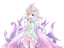  animal_ears armlet bird_ears bird_legs bird_tail bmp-to-png_conversion breasts cleavage crown dress eyeshadow feathered_wings feathers female frfr game_cg green_dress green_eyes half-closed_eyes harpy large_breasts long_hair looking_at_viewer lucretia_(mon-musu_quest!) makeup mon-musu_quest! monster_girl non-web_source official_art pink_eyeshadow pink_feathers pink_wings purple_feathers purple_hair single_hair_tube solo tail tail_raised transparent_background very_long_hair winged_arms wings 