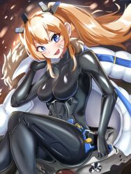  absurdres armored_bodysuit bandaid bandaid_on_cheek bandaid_on_face black_bodysuit blonde_hair blue_eyes bodysuit breasts female goddess_of_victory:_nikke highres laplace_(nikke) long_hair looking_at_viewer medium_breasts oerba_yun_fang open_mouth sidelocks skin_tight solo timosan twintails 