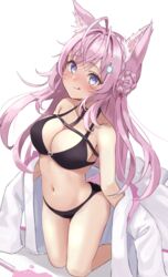  animal_ear_fluff animal_ears antenna_hair bikini black_bikini blush breasts chest_belt cleavage coat female hakui_koyori hexagon_hair_ornament highres hololive lab_coat long_hair looking_at_viewer navel pink_hair purple_eyes smile solo swimsuit tail tongue tongue_out tonton_utaro virtual_youtuber white_background white_coat wolf_ears wolf_girl wolf_tail 