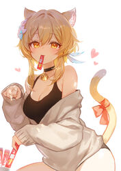  adelie_cat alternate_costume animal_ears bare_shoulders bell black_choker black_tank_top blonde_hair blush breasts cat_ears cat_tail choker cleavage coat feather_hair_ornament feathers female flower genshin_impact hair_between_eyes hair_flower hair_ornament hand_up heart highres kemonomimi_mode long_sleeves looking_at_viewer lumine_(genshin_impact) medium_breasts mouth_hold neck_bell open_clothes open_coat open_mouth paw_pose puffy_long_sleeves puffy_sleeves short_hair short_hair_with_long_locks sidelocks simple_background solo tail tank_top upper_body white_background white_coat white_flower yellow_eyes 