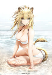  animal_ears arknights bare_shoulders bikini breasts brown_hair cleavage collarbone commentary_request female highres large_breasts lion_ears lion_girl lion_tail long_hair looking_at_viewer navel ocean outdoors ponytail seiza siege_(arknights) sitting solo sparkle sparkling_water swimsuit tail twitter_username water white_background white_bikini yellow_eyes yokaze_(yokajie) 