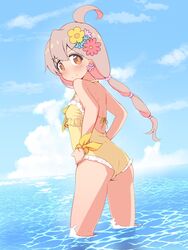  ahoge ass backless_swimsuit bare_arms bare_legs bare_shoulders blue_sky blush breasts brown_eyes cloud commentary day earrings female flower flower_earrings frilled_one-piece_swimsuit frills from_behind hair_between_eyes hair_flower hair_ornament hands_on_own_hips highres jewelry long_hair looking_at_viewer looking_back one-piece_swimsuit onii-chan_wa_oshimai! outdoors oyama_mahiro pink_hair sky small_breasts smile solo swimsuit unkimo wading water yellow_one-piece_swimsuit 