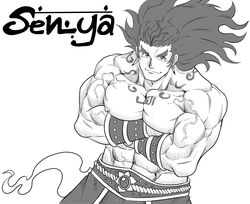  1boy abs absurdres bara belt biceps bucchigiri?! crossed_arms gauntlets greyscale highres large_pectorals long_hair looking_at_viewer male_focus manly mature_male monochrome muscular muscular_male nipples pectoral_lift pectorals pointy_ears senya_(bucchigiri?!) shredded_muscles simple_background smirk solo thick_arms thick_eyebrows tofuboyz topless_male veins white_background 