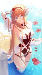  absurdres aoi_tooru arknights arm_up armpits bare_shoulders black_hairband blonde_hair blue_eyes commentary_request female flower hairband highres horns long_hair looking_at_viewer ocean official_alternate_costume one-piece_swimsuit red_flower saileach_(arknights) saileach_(summer_flowers)_(arknights) solo swimsuit thighs very_long_hair wading water 