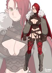  absurdres armor artist_name ass_visible_through_thighs asymmetrical_hair black_panties braid breasts brown_gloves cape cleavage cleavage_cutout clothing_cutout dated eyes_visible_through_hair female full_body fur-trimmed_cape fur_trim gloves greaves green_eyes highleg highleg_panties highres large_breasts long_hair long_sleeves looking_at_viewer navel original panties pointy_ears pouch puffy_long_sleeves puffy_sleeves red_cape red_hair red_thighhighs simple_background solo sunna_(nilsunna) thighhighs underwear zoom_layer 