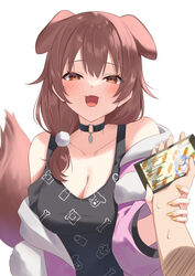  1other 2girls absurdres animal_ears black_choker black_shirt blush breasts brown_eyes brown_hair cellphone choker cleavage collarbone dog_ears dog_girl dog_tail hair_ornament highres holding holding_another&#039;s_wrist holding_phone hololive inugami_korone inugami_korone_(loungewear) jacket large_breasts long_hair long_sleeves looking_at_viewer multiple_girls o-ring o-ring_choker oerba_yun_fang off_shoulder open_mouth pendora1022 phone pink_jacket pom_pom_(clothes) pom_pom_hair_ornament pov print_shirt shirt simple_background skin_fang smartphone solo_focus sweat tail usada_pekora usada_pekora_(1st_costume) virtual_youtuber white_background yellow_nails 