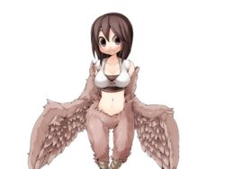  bandeau bird_legs blush bmp-to-png_conversion breasts brown_bandeau brown_eyes brown_feathers brown_hair brown_wings crop_top feathered_wings feathers female frfr game_cg harpy long_hair looking_at_viewer medium_breasts midriff mon-musu_quest! monster_girl navel non-web_source official_art pina_(mon-musu_quest!) shirt smile solo transparent_background white_shirt winged_arms wings 