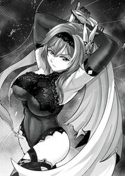  :/ absurdres alternate_costume armpits arms_behind_head arms_up boots breasts cape closed_mouth cowboy_shot crossed_legs dutch_angle elbow_gloves eula_(genshin_impact) female genshin_impact gloves greyscale hair_between_eyes hair_ornament highres holding holding_cape holding_clothes laba_laba_batu large_breasts light_particles looking_to_the_side medium_hair monochrome sidelocks solo taut_bodystocking thigh_boots thread 